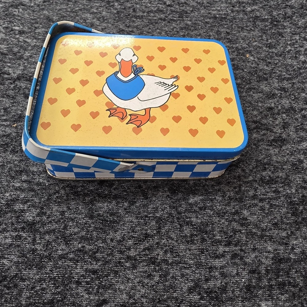 Vintage Country Goose Hinged Metal Storage Tin & Matching Melamine Tray Set 1980